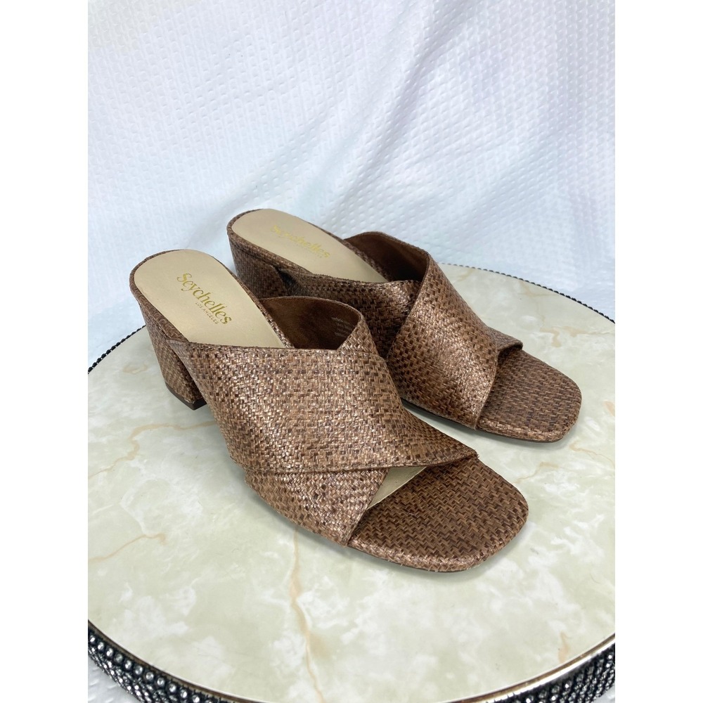 Seychelles Woven Crisscross Block Heel Slide Sandals Women 8.5 Brown Coastal New